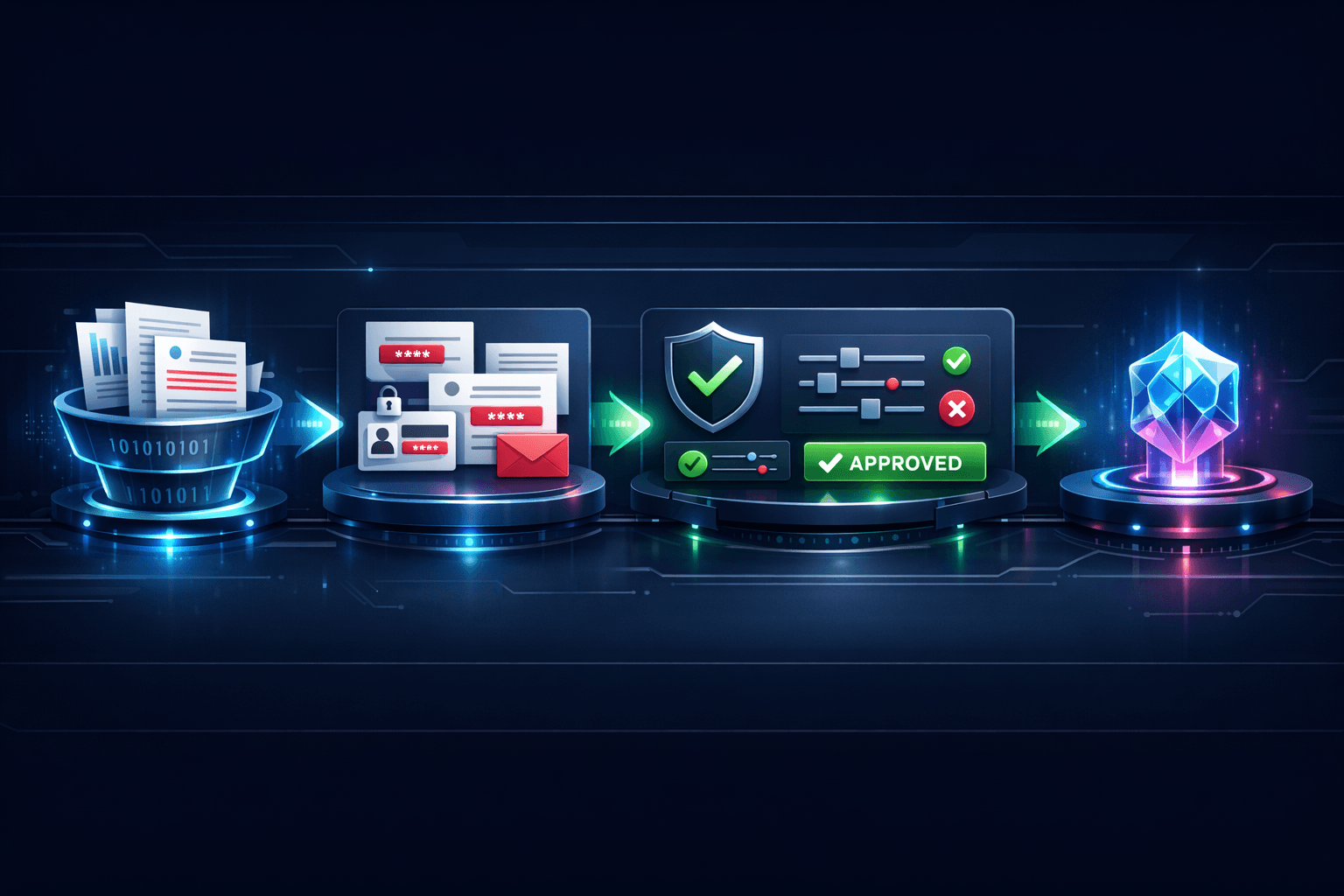 Инфографика фильтрации данных, ручных политик и безопасной маршрутизации AI запросов