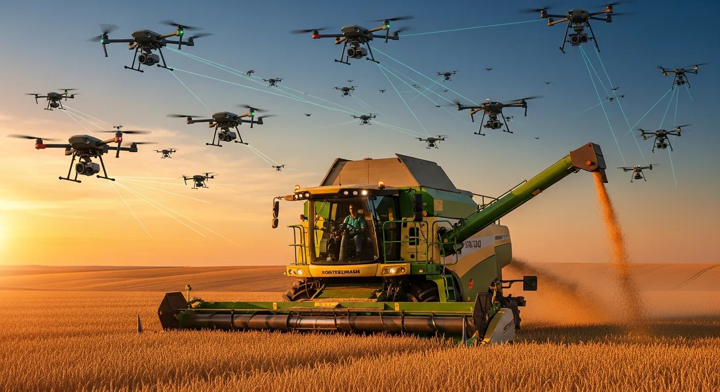 Автономный комбайн на пшеничном поле в лучах заката, над ним рой дронов мониторит состояние посевов