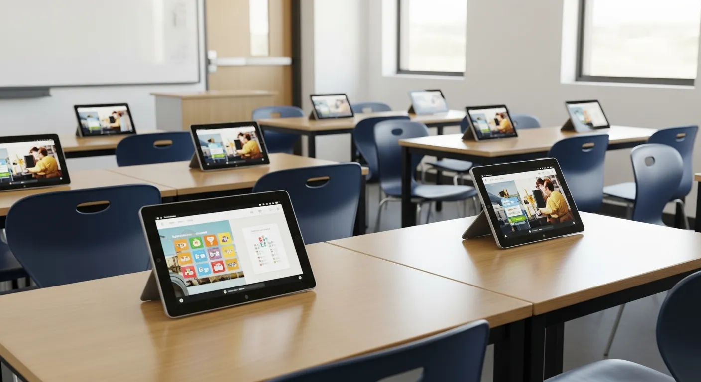 Класс будущего в российской школе, ученики в VR-очках, голографический учитель помогает им в обучении