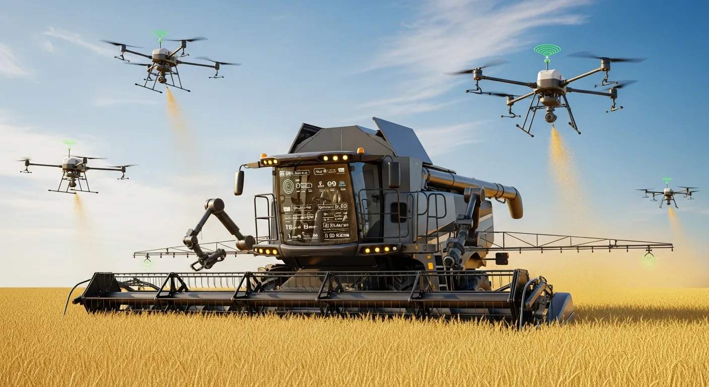 Автономный комбайн и дроны на поле