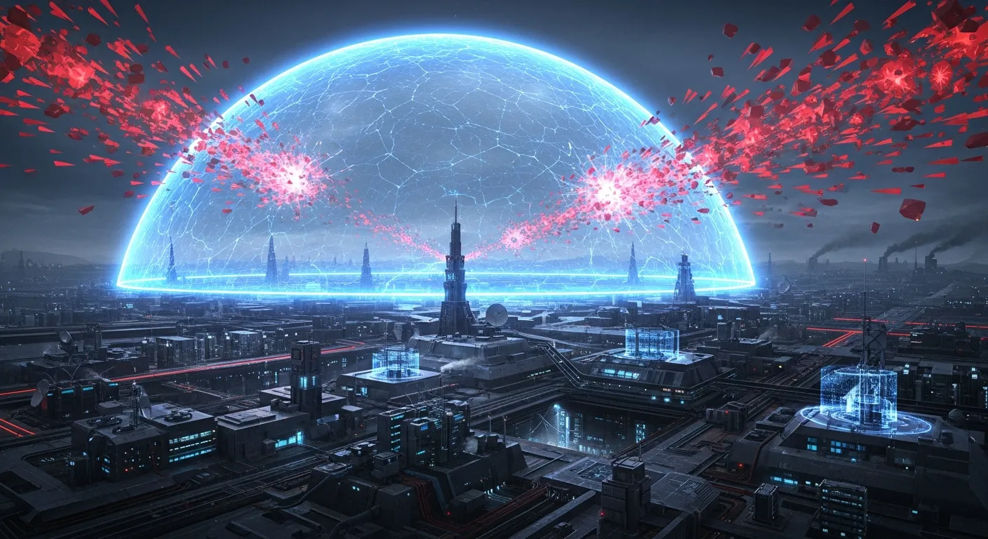 Концепт-арт 'Цифрового Купола' над Россией, защищающего сервера и данные от внешних кибератак