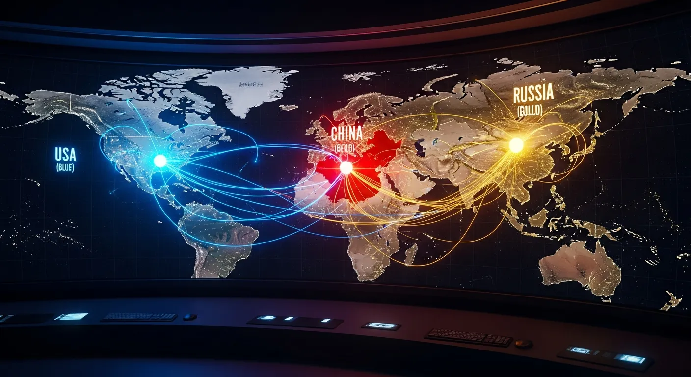 Геополитическая карта мира 2026 года, где страны соединены светящимися линиями данных, показывая разделение на цифровые блоки: синий (США), красный (Китай) и золотой (Россия)