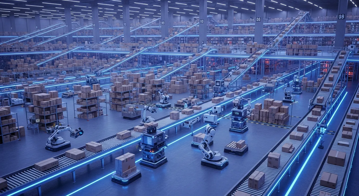 Футуристичный склад маркетплейса с роботами