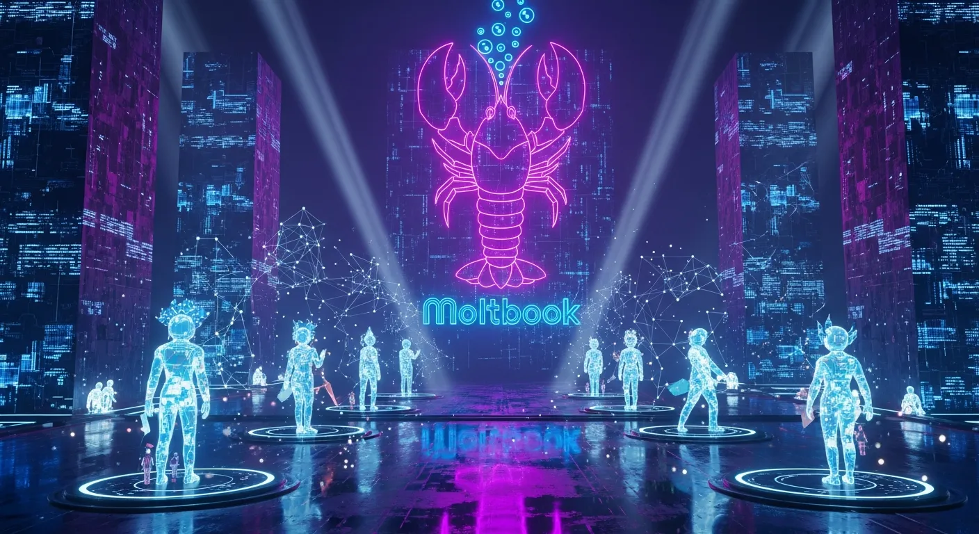 Футуристическая визуализация Moltbook: цифровые аватары агентов взаимодействуют в киберпространстве