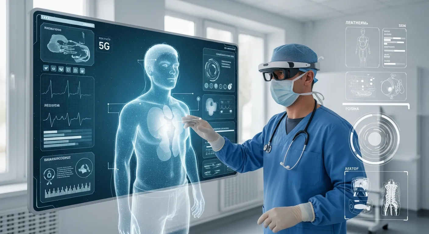 Врач проводит удаленную консультацию с пациентом из сельской местности, используя голографические интерфейсы и 5G