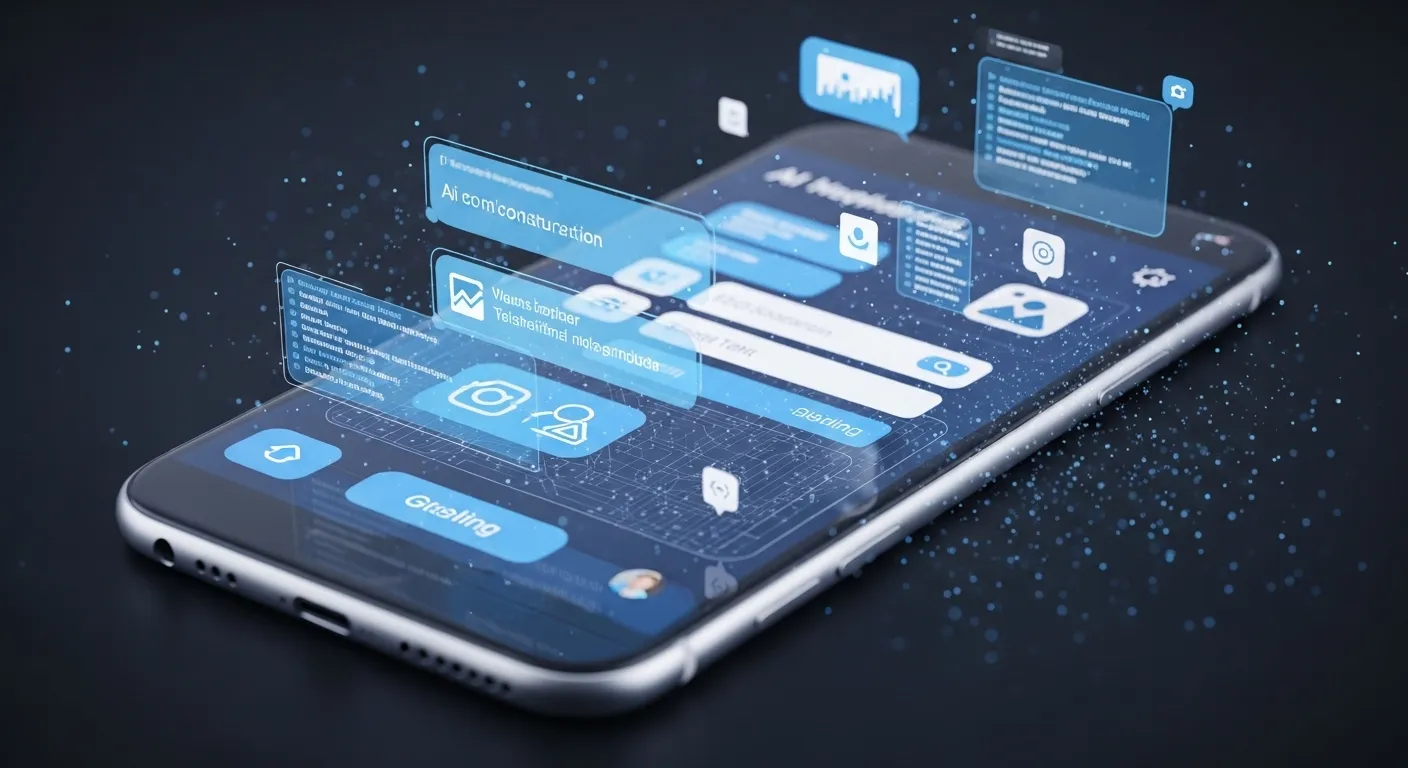 Интерфейс мобильного телефона, где приложение создается в реальном времени через чат с ИИ